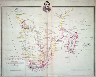 Karte von Südafrika, die Dr. Livingstones Entdeckungen illustriert